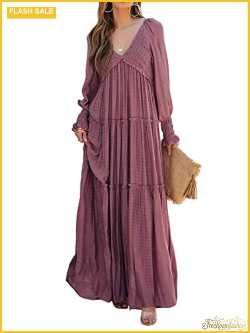 Long Sleeve V Neck Flowy Maxi Dress Boho Maternity